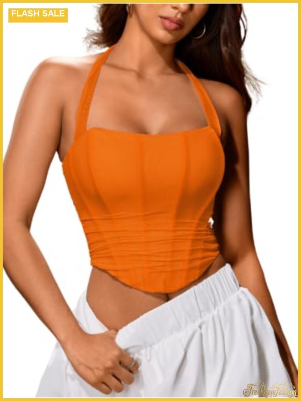 Women's Halter Mesh Corset Crop Top Ruched Lace-Up Bustier